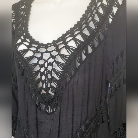 💚5/$25 Black Crochet Long Tunic Top Coverup Boho Festival Off The Shoulder - Picture 4 of 9